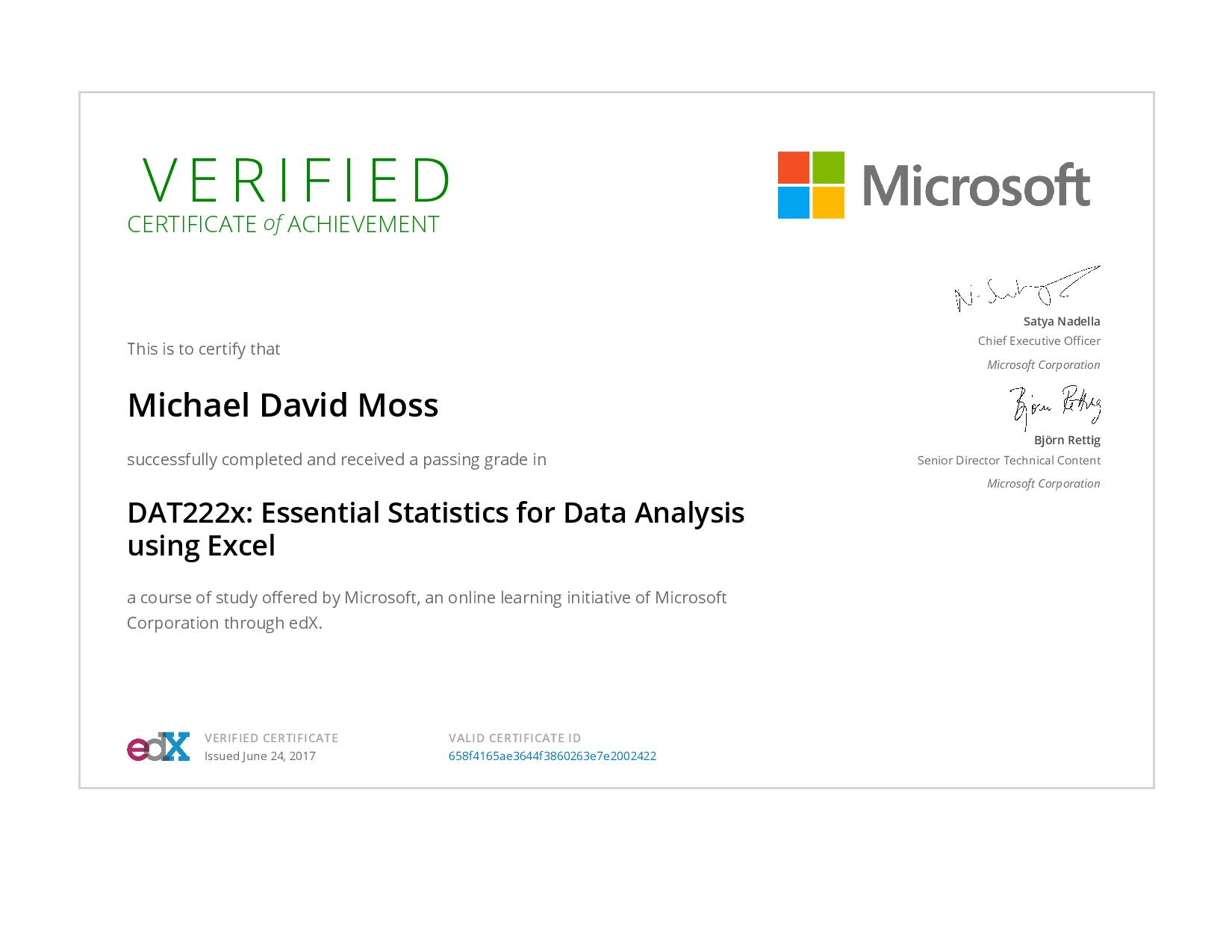 Essential Statistics for Data Analysis using Excel Certificate